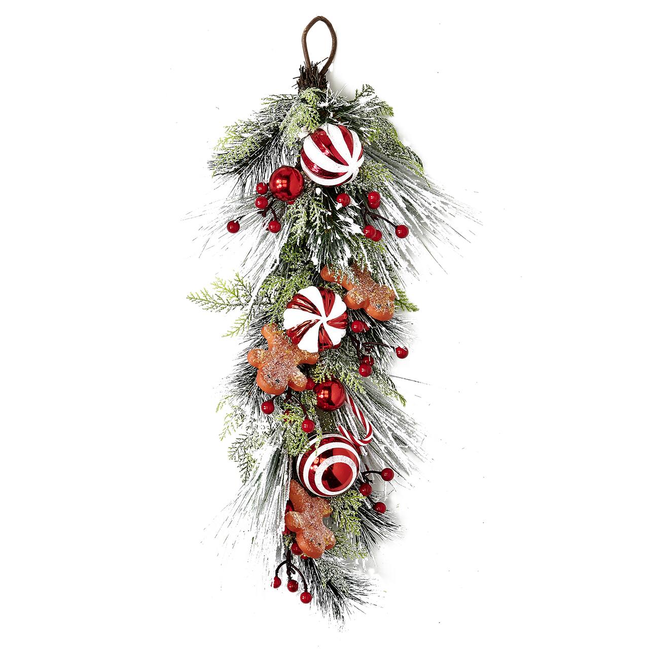 28" Snowy Christmas Artificial Pine Berry Ball Floral Teardrop with Gingerbread Men